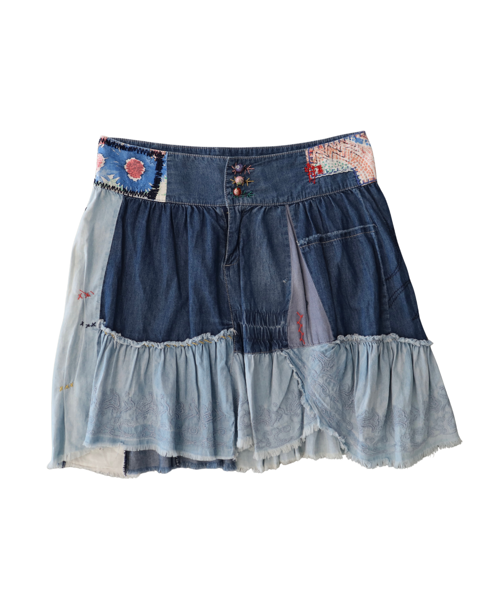 Patchwork Denim Ruffle Skirt