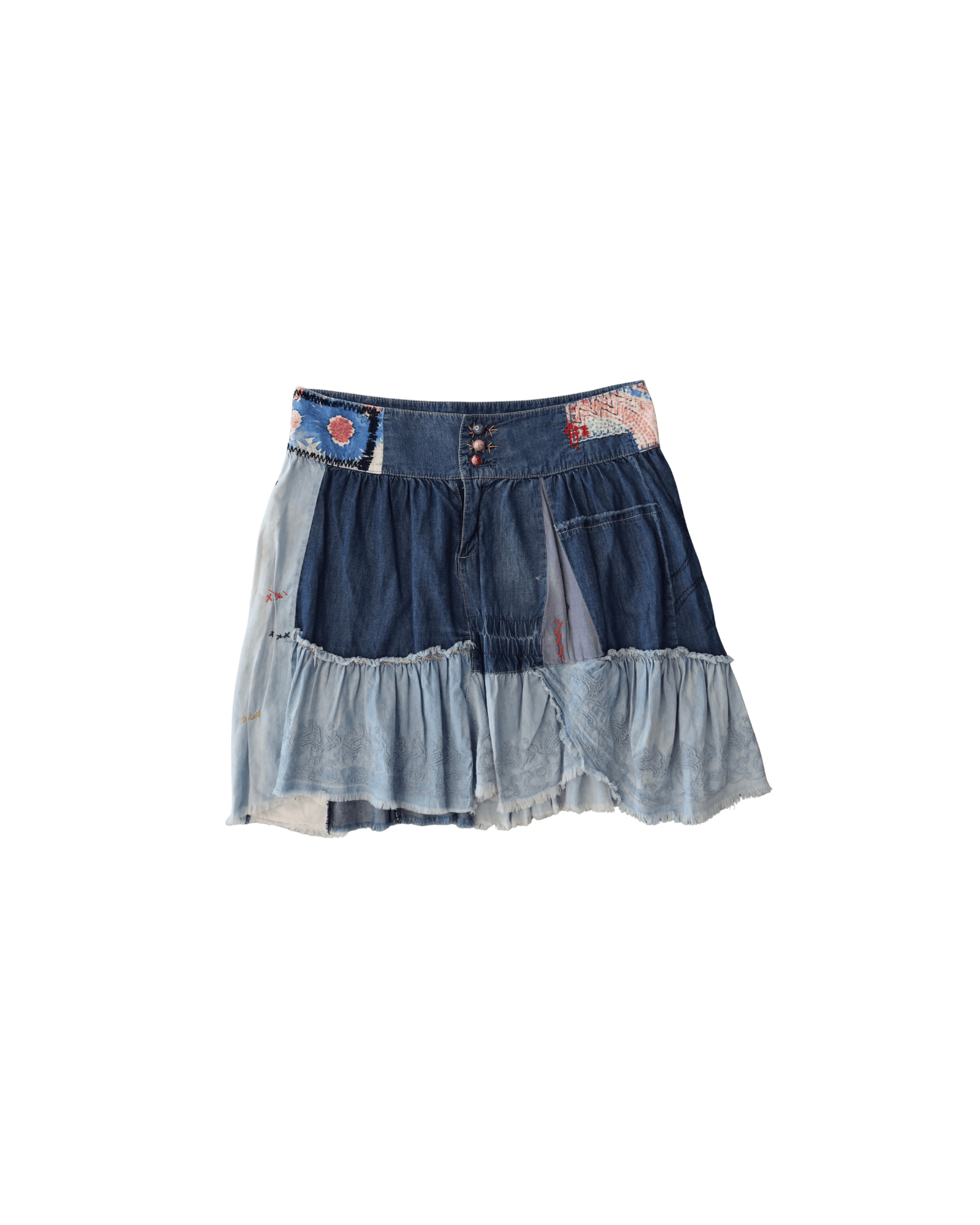 Patchwork Denim Ruffle Skirt